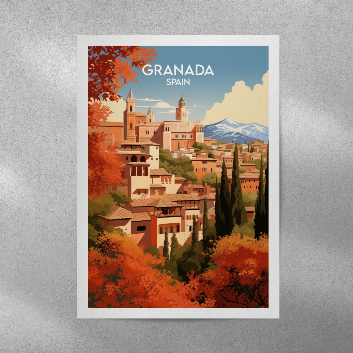 Granada Spain Autumn Cityscape Old Town Cypress Travel Art Poster - Image 3