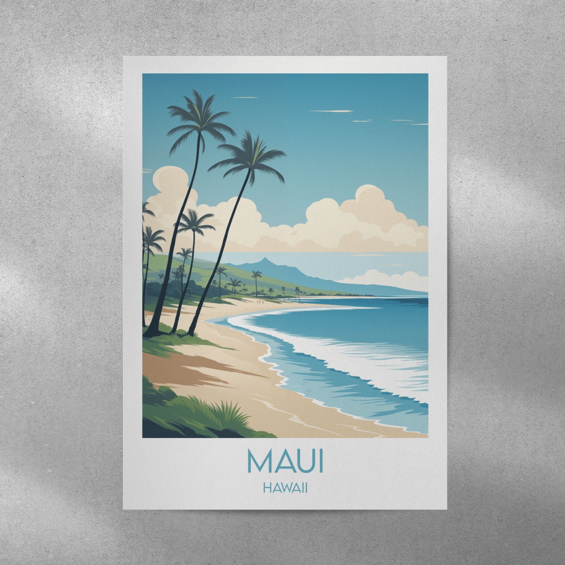 Maui Hawaii Sandy Beach Palm Trees Ocean Waves Surf Travel Poster - Image 3