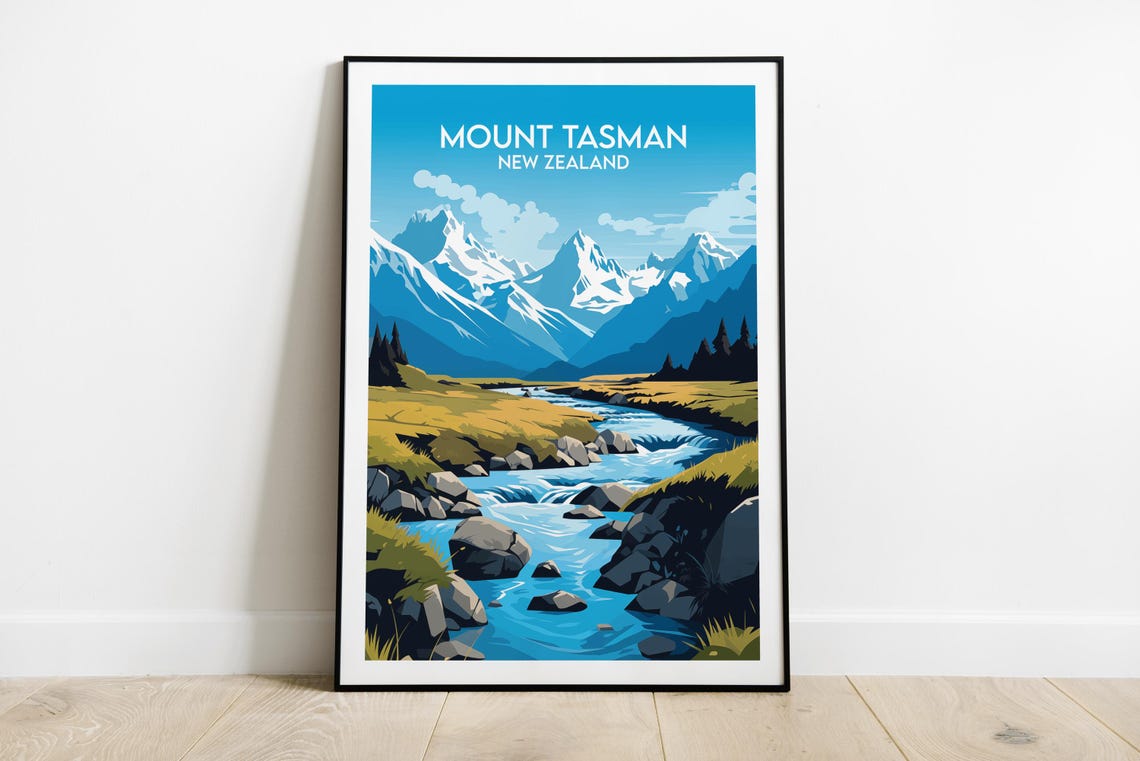 Mount Tasman New Zealand Alpine Peaks River Valley Vintage Poster