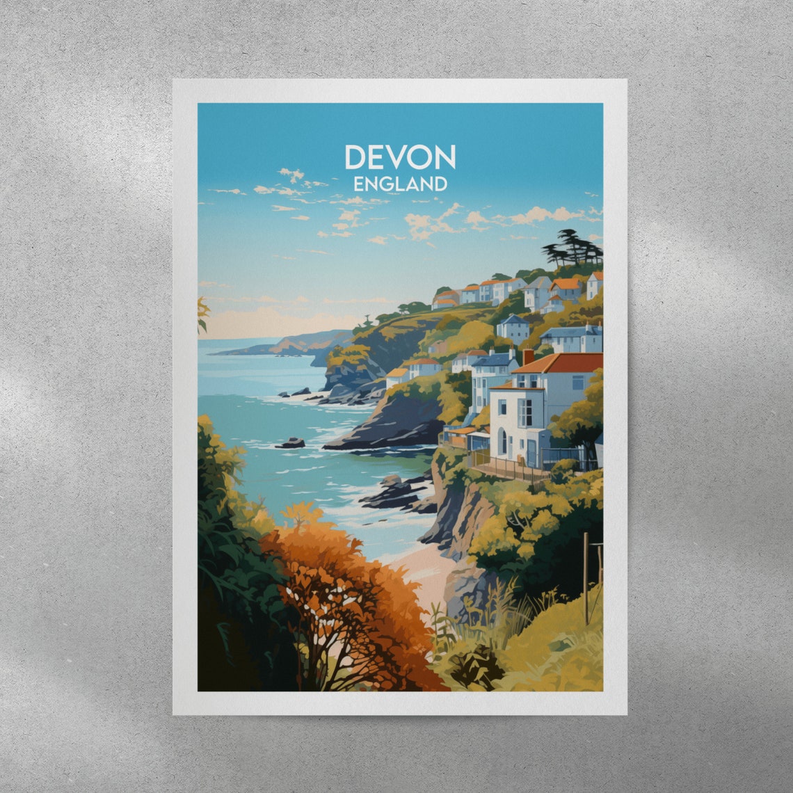 Devon England Clifftop Village Turquoise Sea Coast Travel Poster - Image 3
