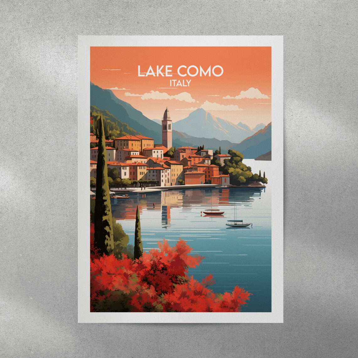 Lake Como Italy Lakeside Village Sunset Boats Vintage Travel Poster - Image 2