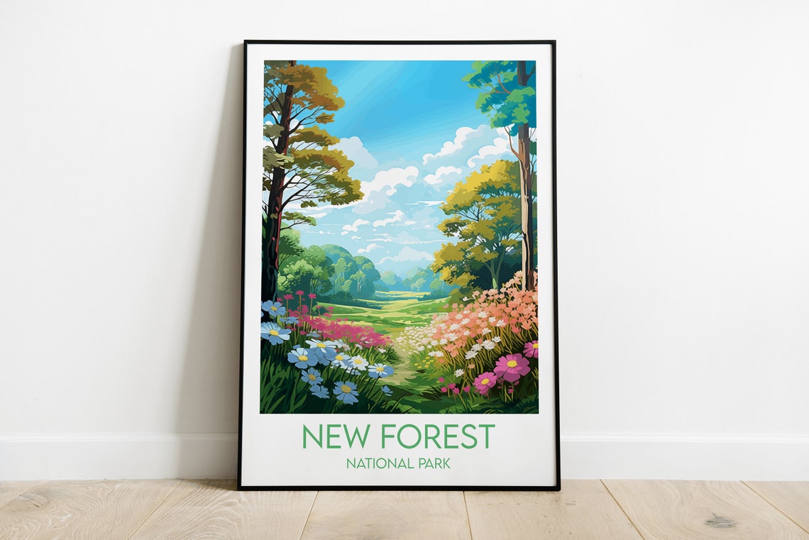 New Forest National Park Blooming Flower Meadow Retro Travel Poster