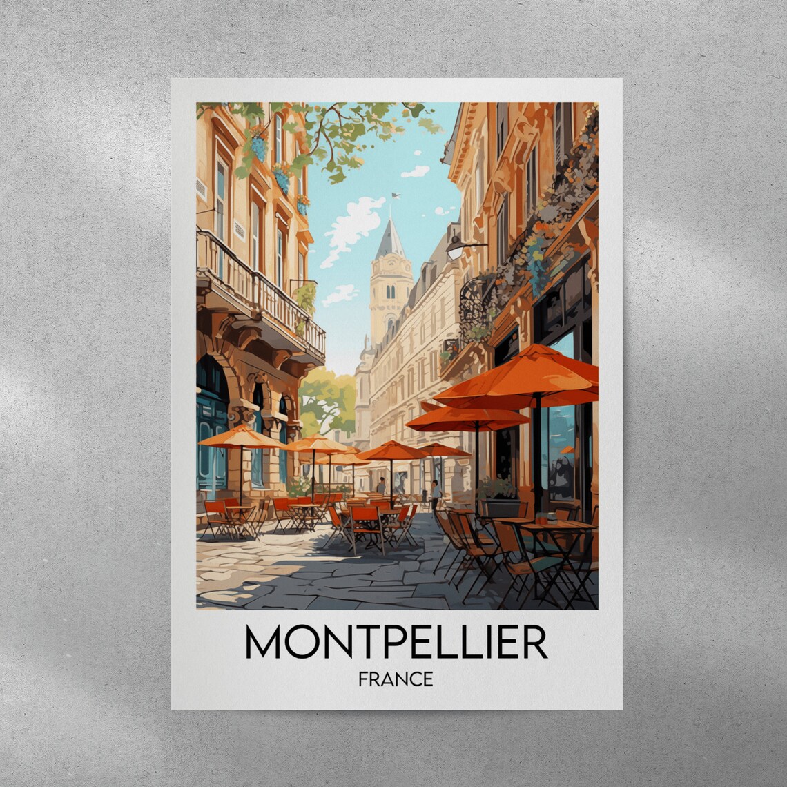 Montpellier France Travel Poster Sunlit Street Cafe Scene Artwork - Image 3