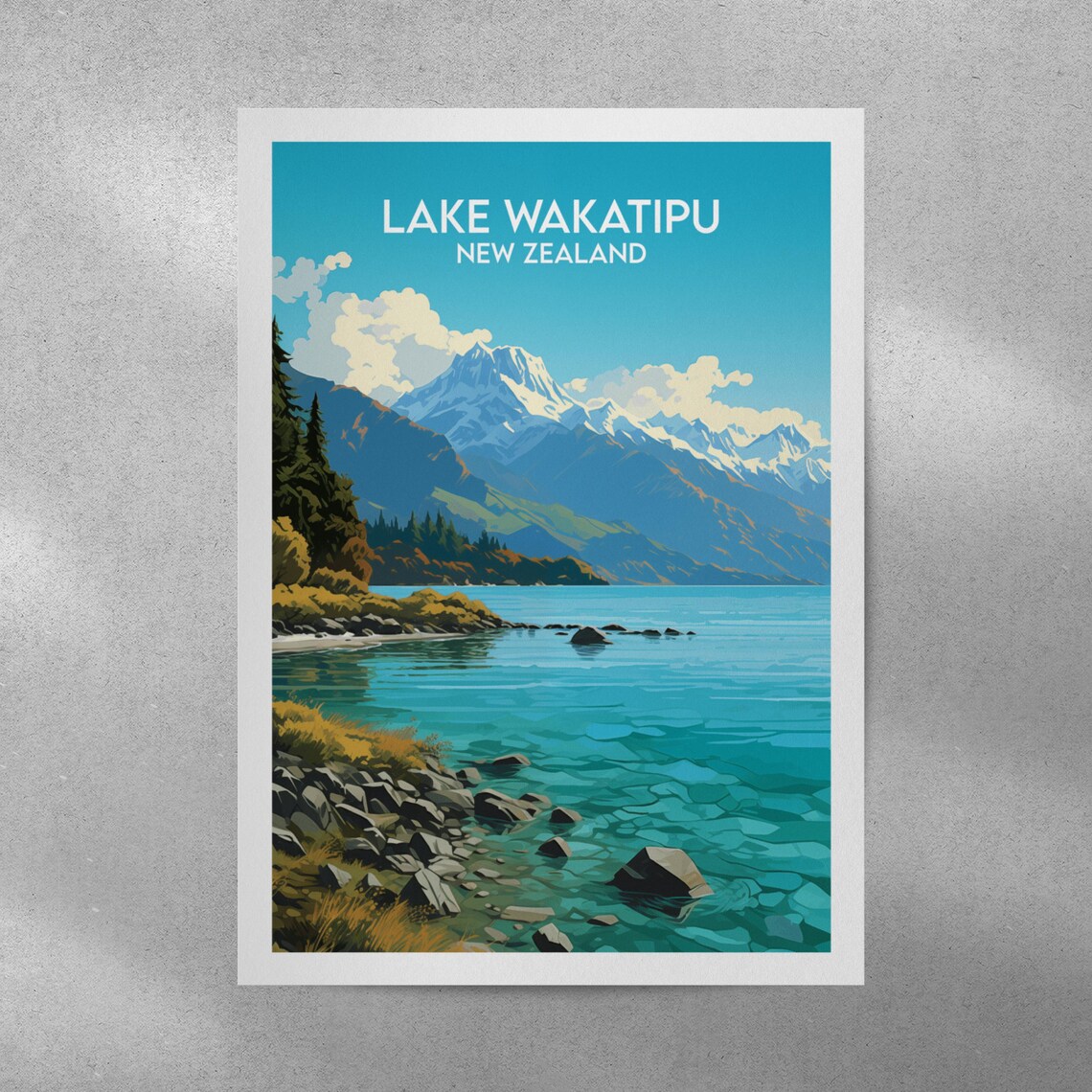 Lake Wakatipu New Zealand Clear Turquoise Lake Vintage Poster - Image 4