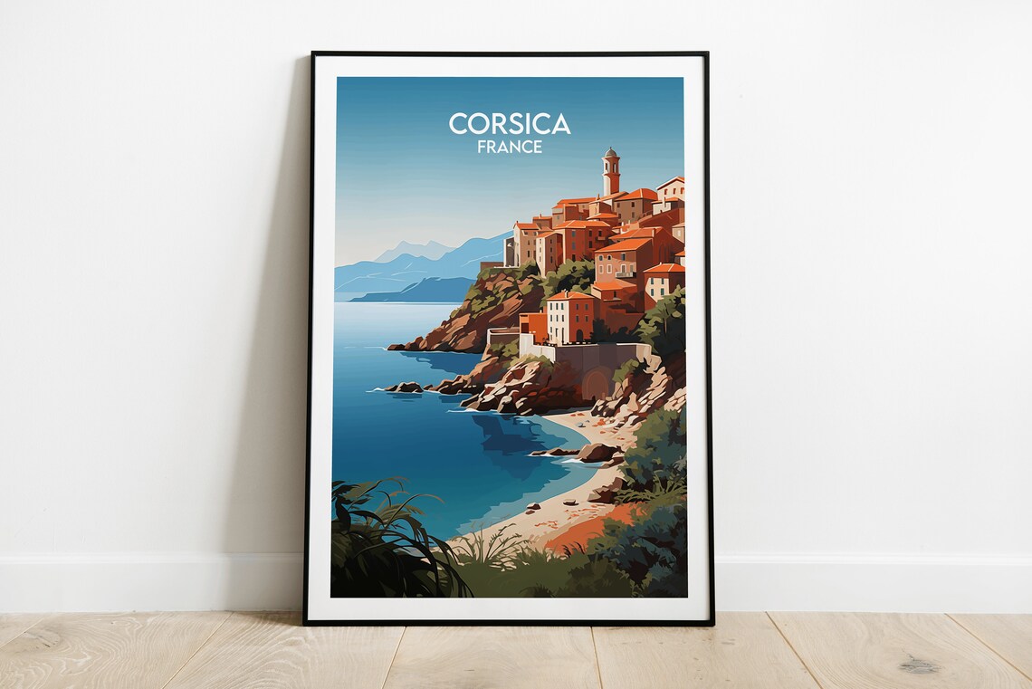 Corsica France Cliffside Village Mediterranean Sea Travel Poster