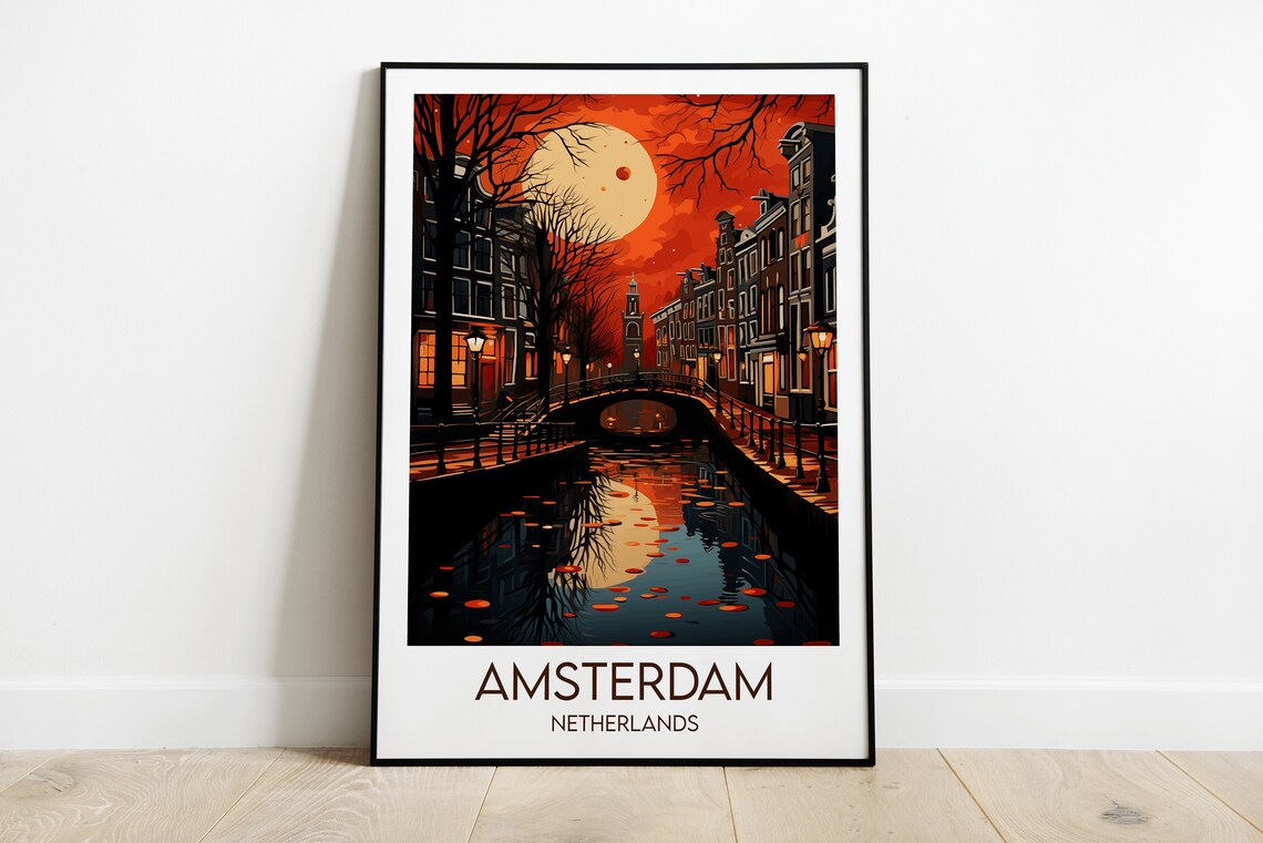 Amsterdam Netherlands Moonlit Canal Bridge Gabled Houses Travel Poster