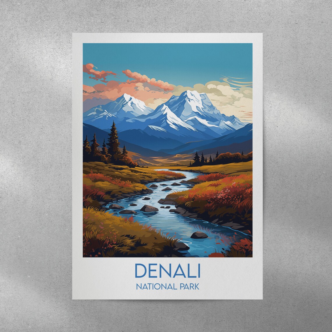 Denali National Park Snow Peaks Rocky River Autumn Travel Poster - Image 2
