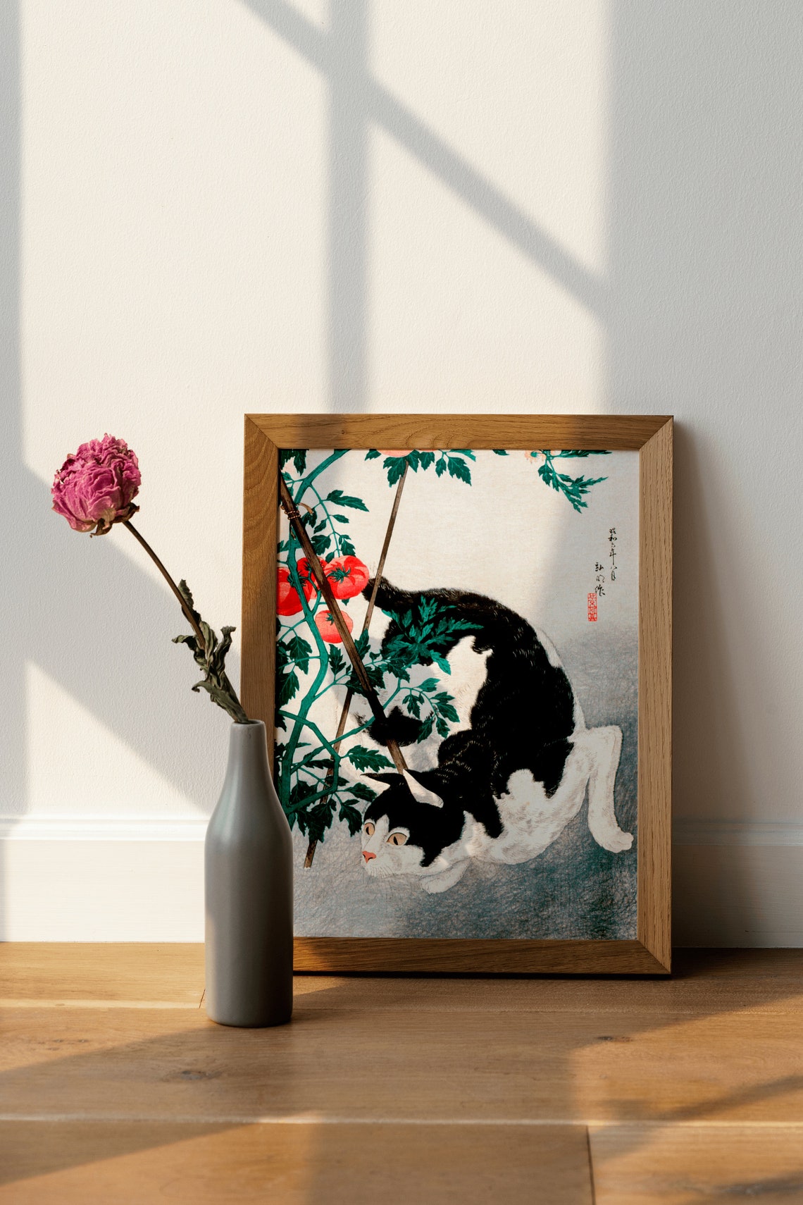 Japanese Cat with Tomatoes Woodblock Black and White Art Poster - Image 4