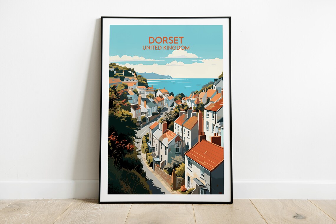 Dorset United Kingdom Coastal Village Red Roof Cottages Travel Poster