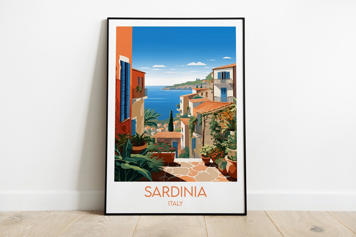 Sardinia Italy Coastal Village Mediterranean Seaside Travel Poster