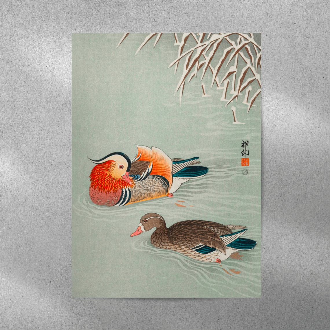 Ohara Koson Mandarin Duck Pair Japanese Woodblock Style Art Print - Image 4