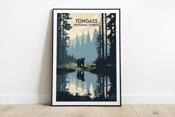 Tongass National Forest Alaska Vintage Bear Travel Poster Art