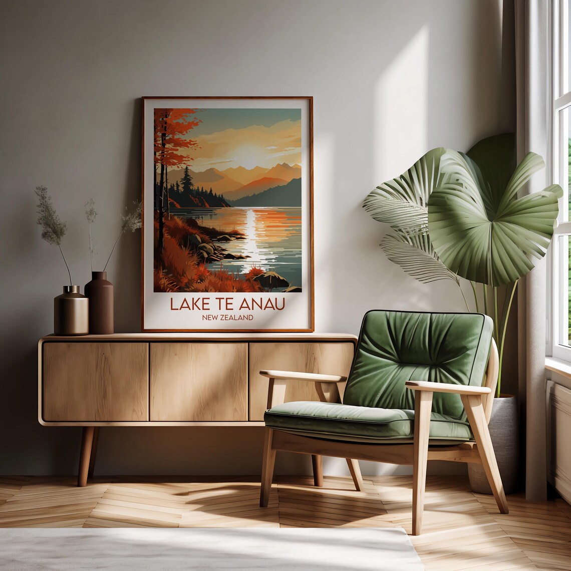 Lake Te Anau New Zealand Golden Sunset Shore Pines Travel Poster - Image 2