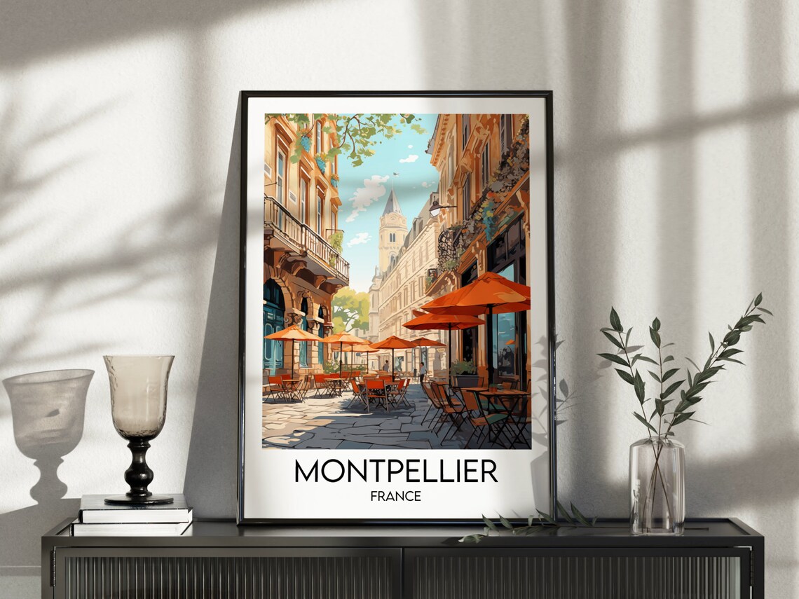 Montpellier France Travel Poster Sunlit Street Cafe Scene Artwork - Image 4