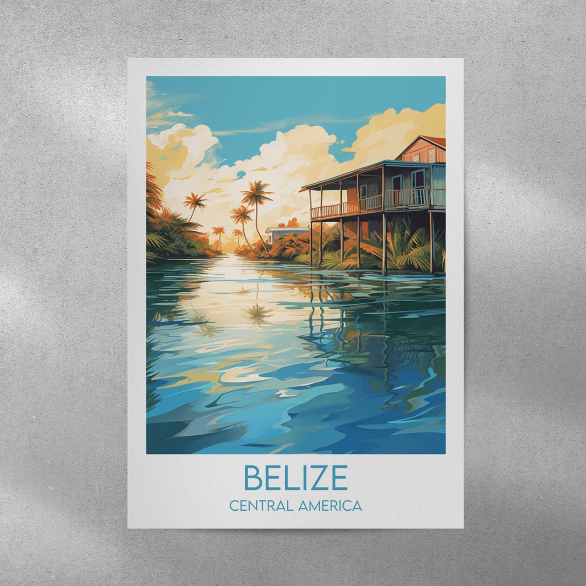 Belize Central America Vintage Stilt House Sunset Travel Poster - Image 4
