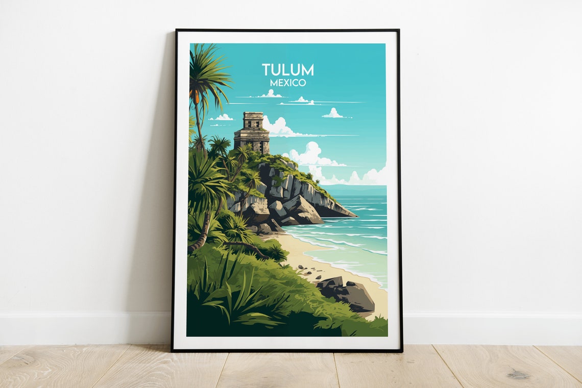 Tulum Mexico Mayan Cliff Ruins Beach Ancient Wonder Travel Art Poster