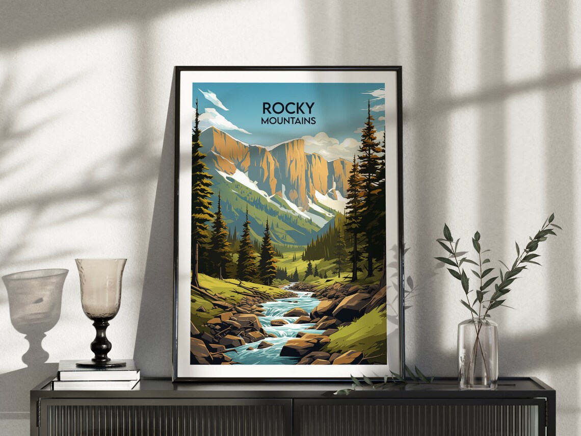 Rocky Mountains Golden Cliff Valley Stream Nature Travel Poster - Image 5