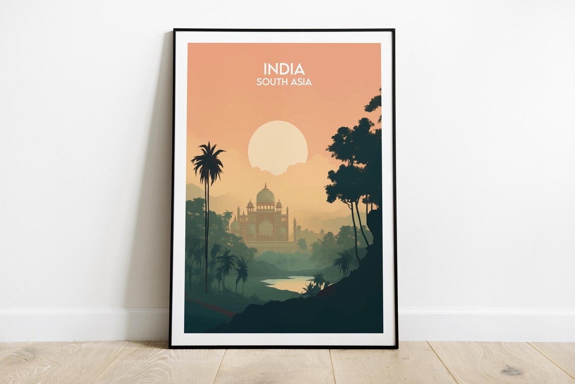 India South Asia Sunset Domed Monument Palm Trees Retro Travel Poster