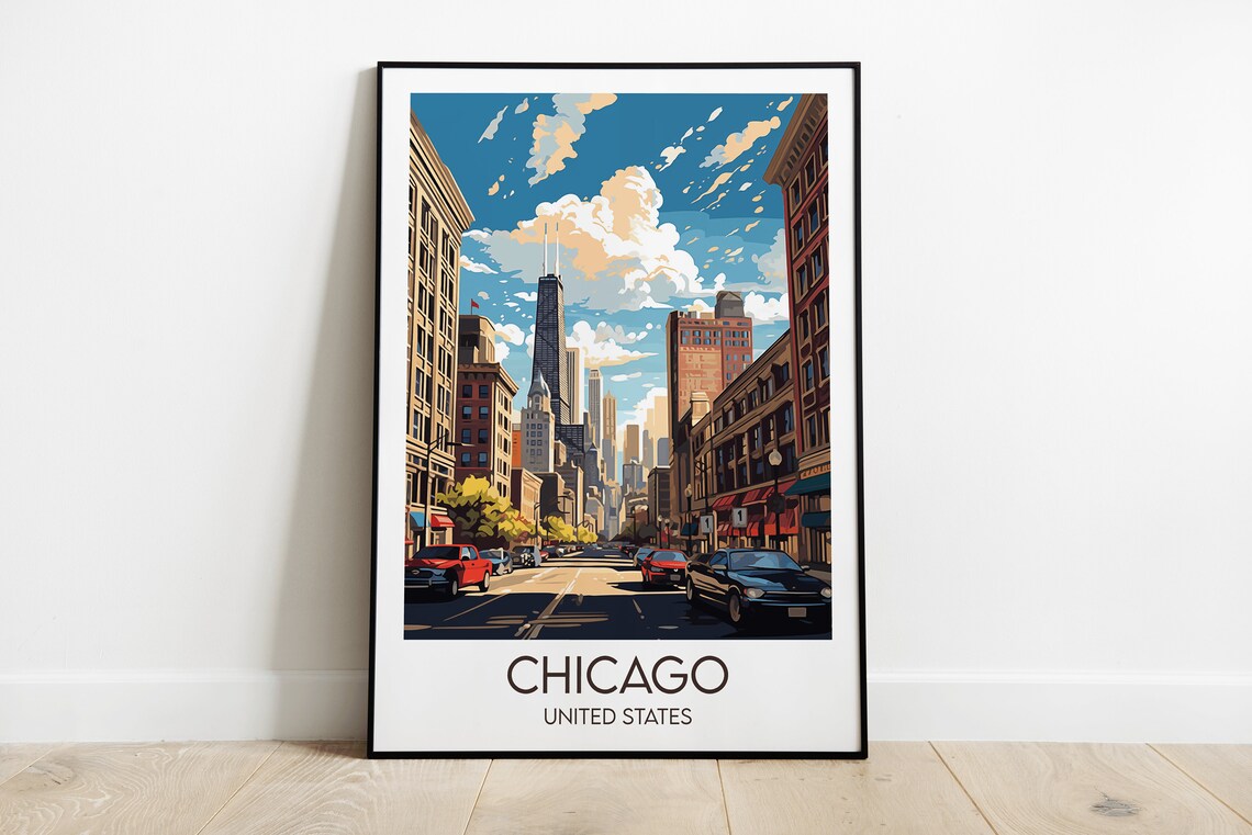 Chicago United States Downtown Towers Street Scene Travel Poster