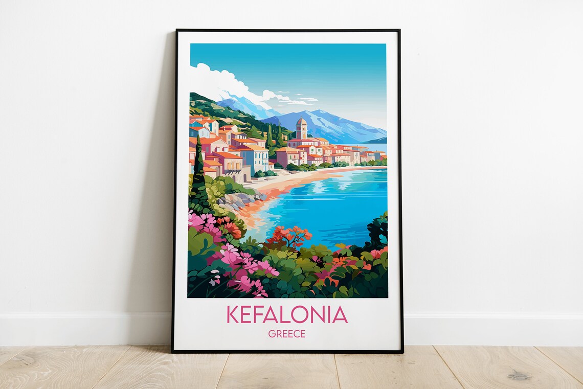 Kefalonia Greece Coastal Town Church Tower Azure Bay Travel Poster