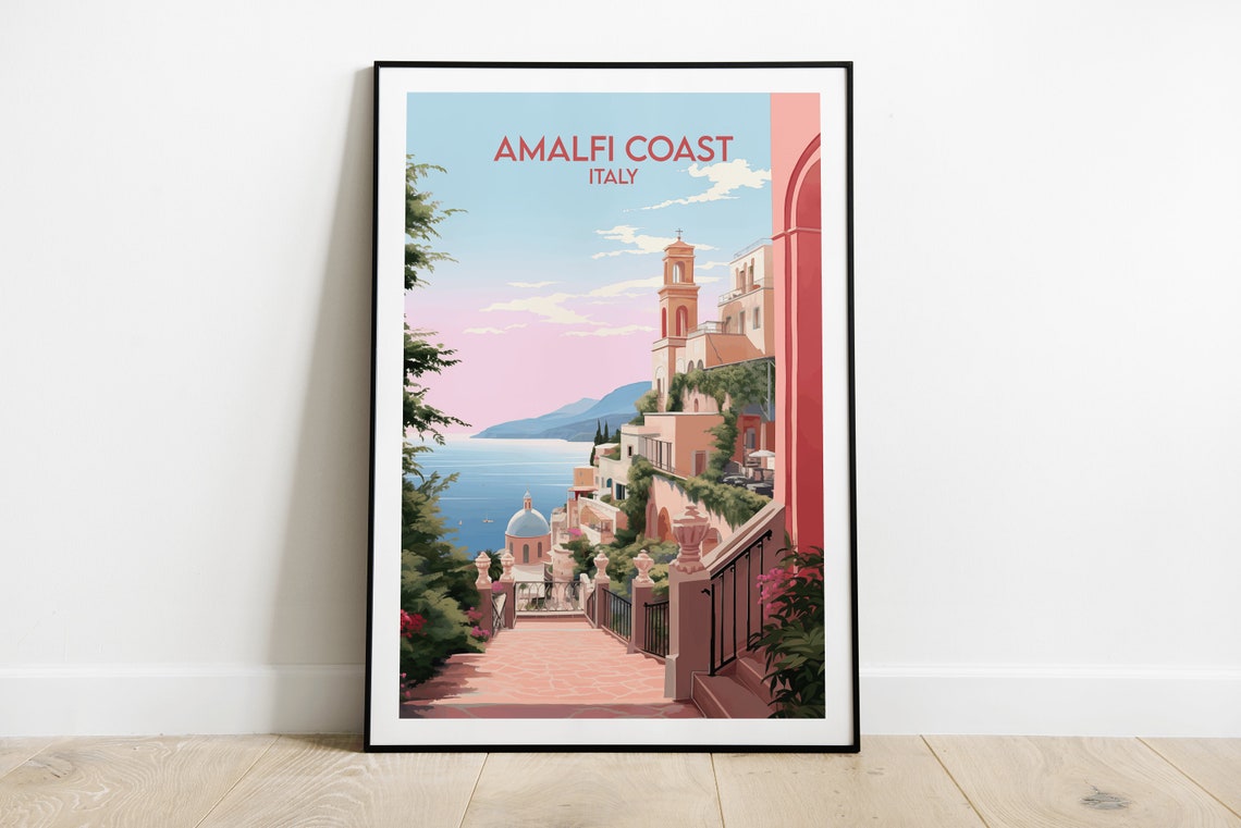 Amalfi Coast Italy Coastal Village Sea View Retro Travel Poster