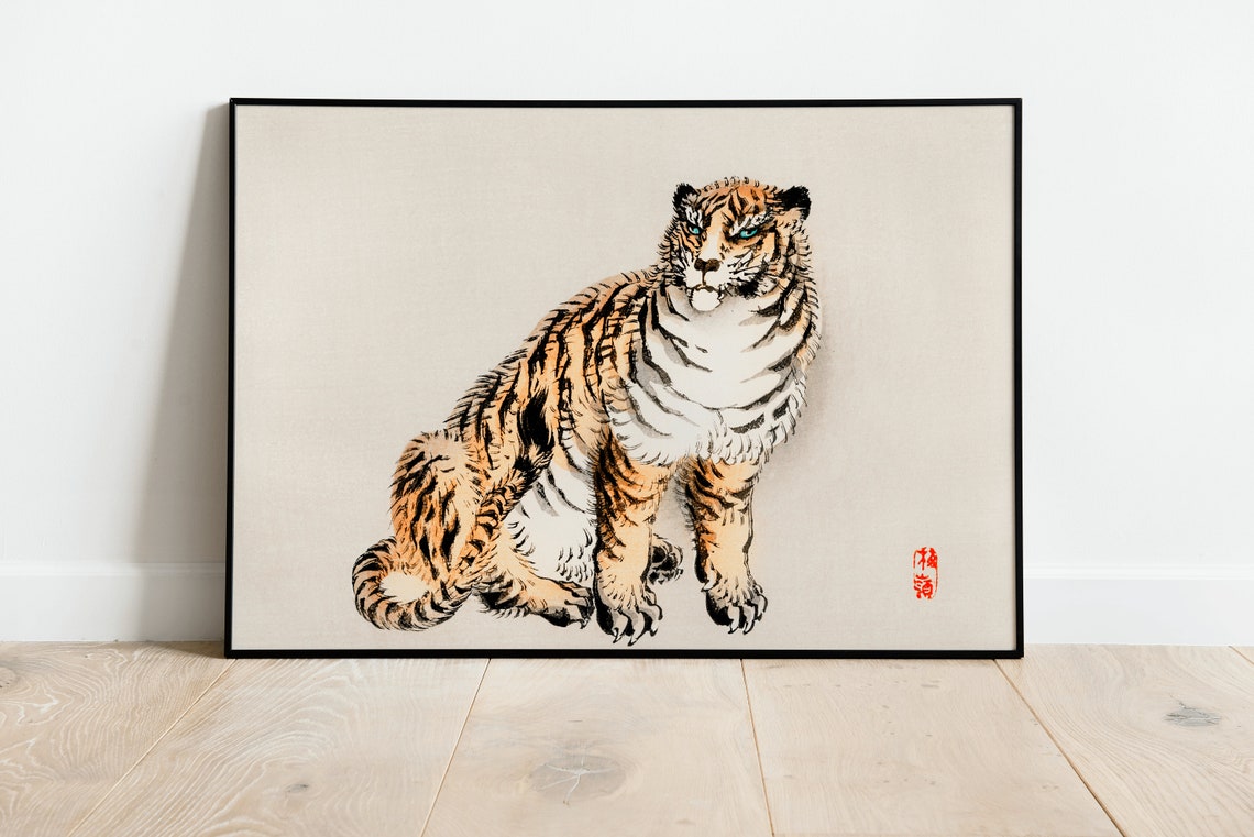 Japanese Tiger Sitting Woodblock Style Traditional Art Poster