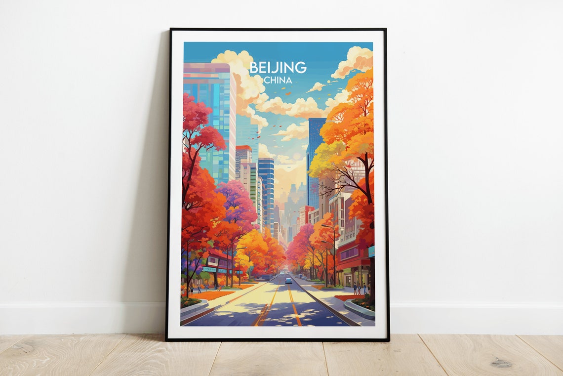 Beijing China Fall Foliage City Boulevard Vintage Travel Poster
