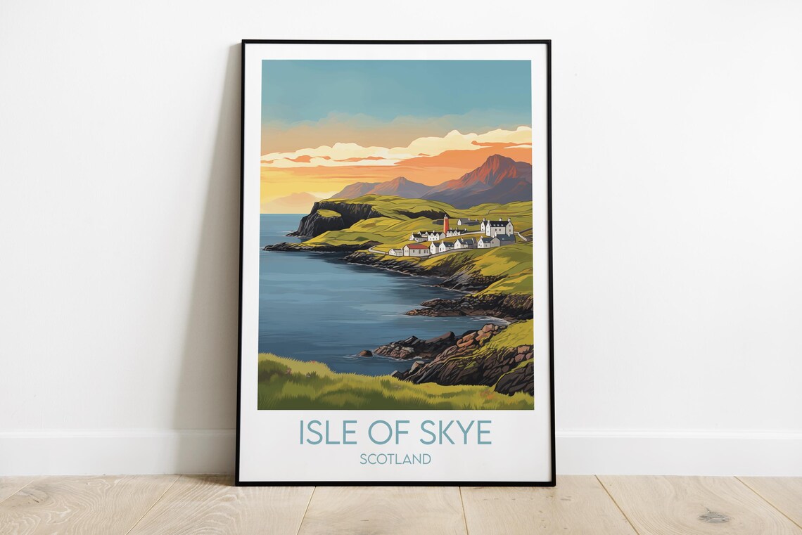 Isle of Skye Scotland Coastal Village Sunset Harbor Travel Poster