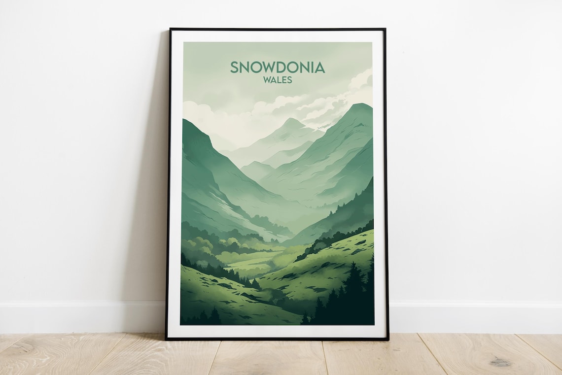 Snowdonia Wales Misty Green Mountain Valley Retro Travel Poster