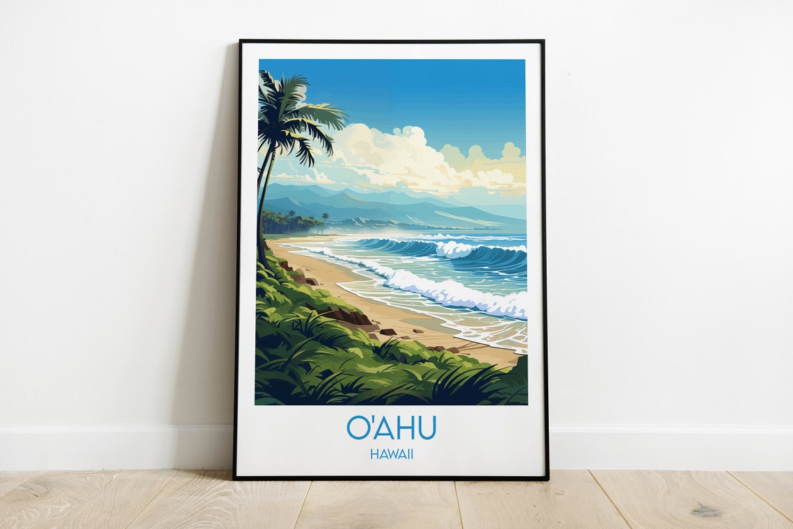 Oahu Hawaii Golden Surf Beach Ocean Waves Retro Travel Poster