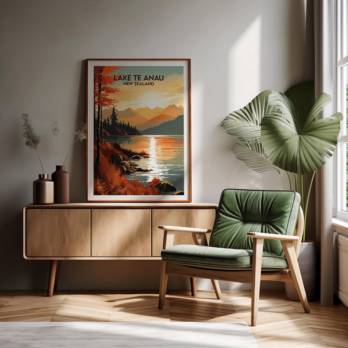 Lake Te Anau New Zealand Autumn Sunset Golden Lake Travel Poster - Image 2