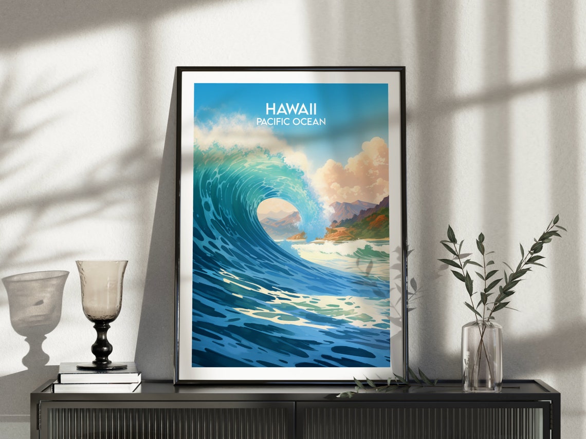 Hawaii Pacific Ocean Big Wave Surf Barrel Vintage Travel Poster - Image 3