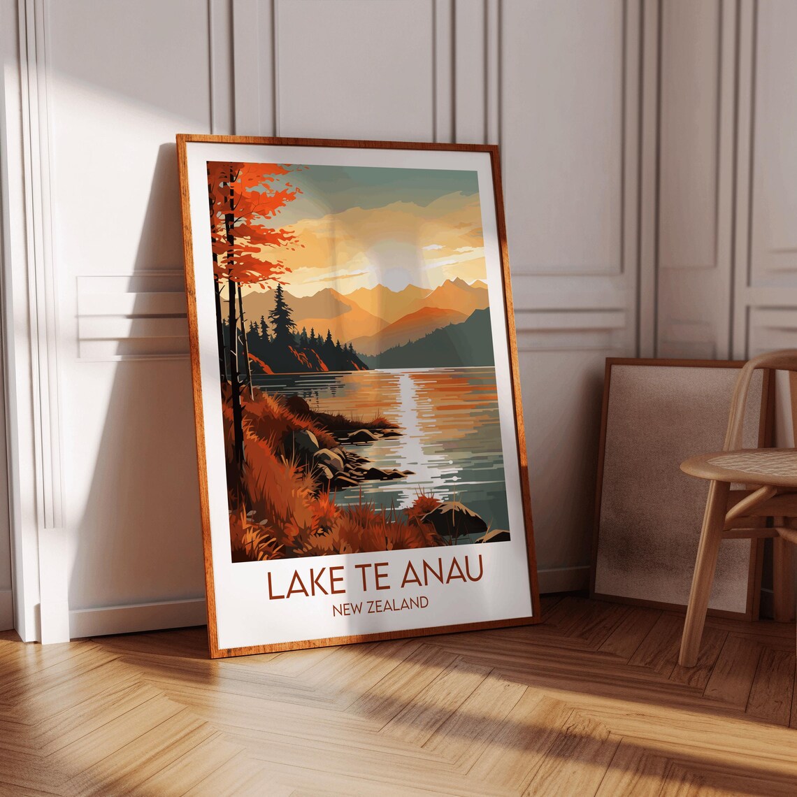 Lake Te Anau New Zealand Golden Sunset Shore Pines Travel Poster - Image 3