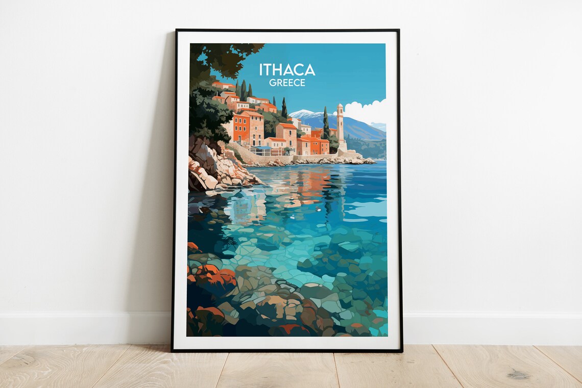 Scenic Ithaca Greece Coastal Town Turquoise Harbor Travel Poster