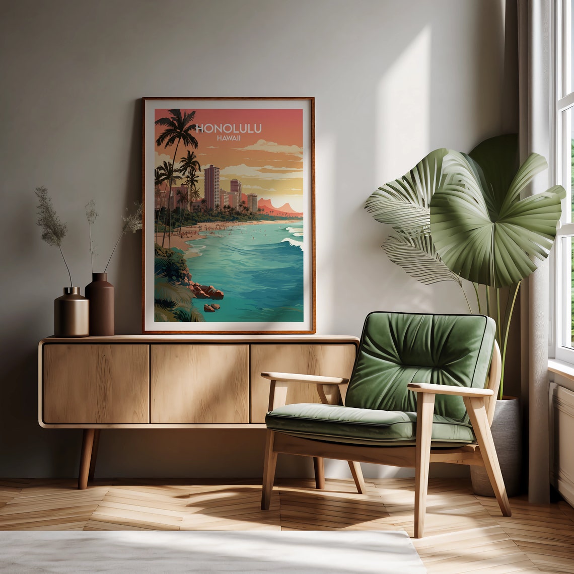 Honolulu Hawaii Vintage Waikiki Beach Palm Sunset Skyline Poster - Image 2