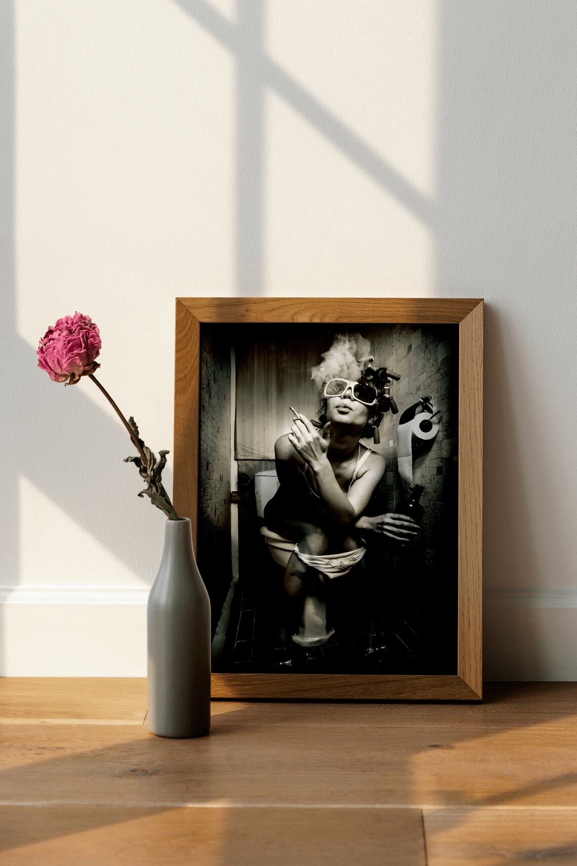 Edgy Black White Photo Woman Smoking on Toilet Bathroom Poster - Image 4