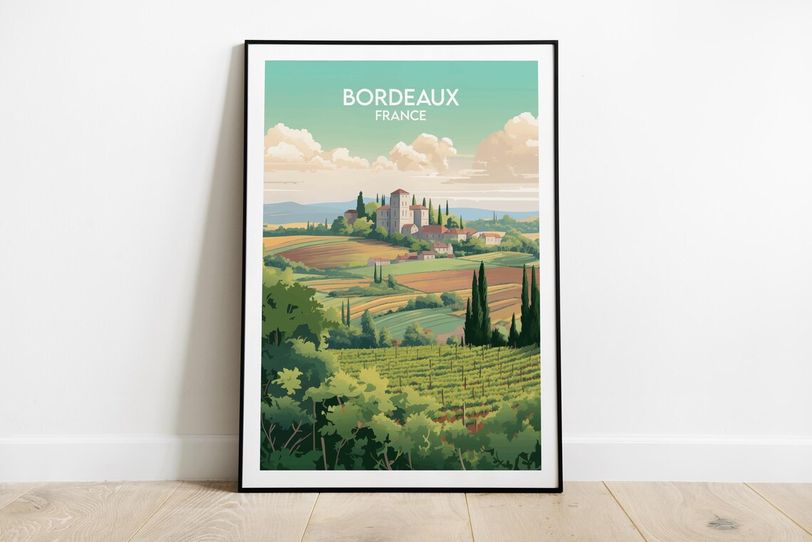Bordeaux France Hilltop Chateau Vineyards Vintage Travel Poster