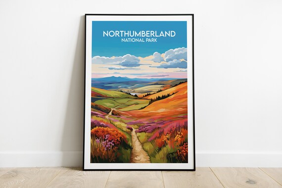 Northumberland National Park Heather Hills Vintage Travel Poster