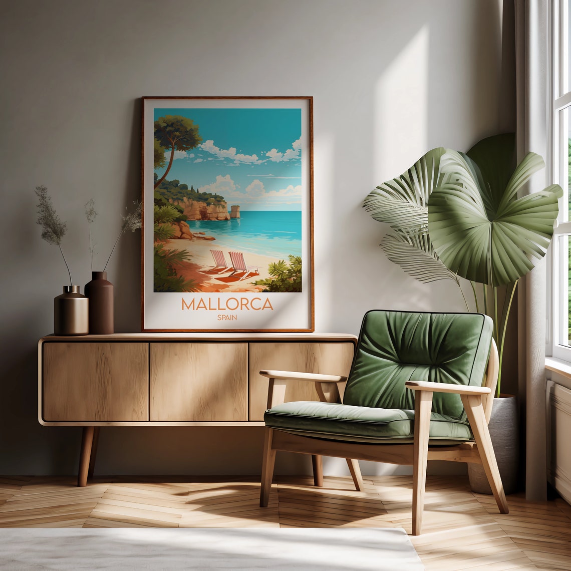 Mallorca Spain Sunlit Beach Deck Chairs Seaside Travel Art Poster - Image 3