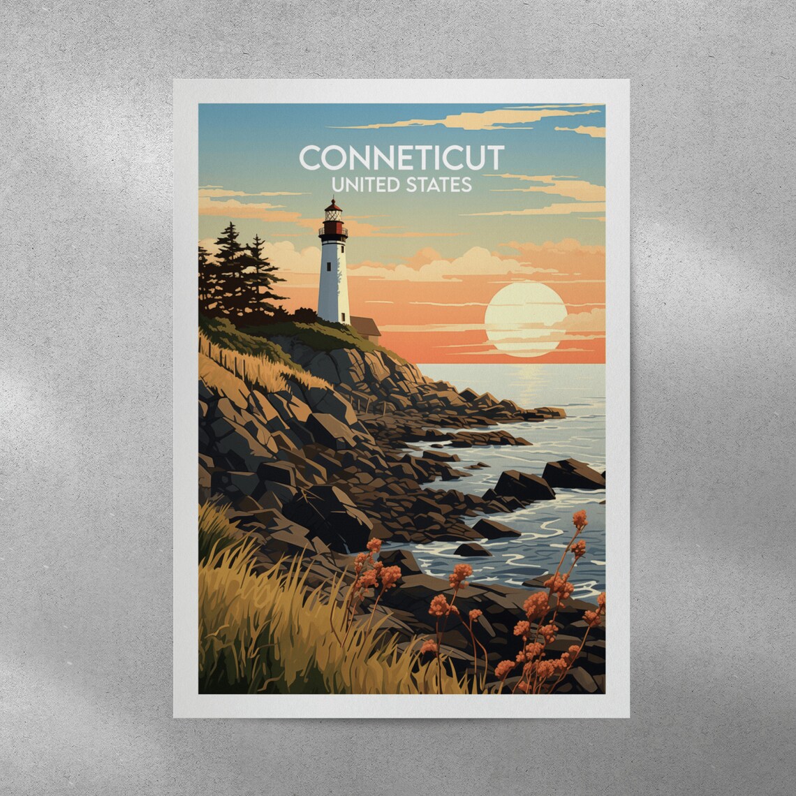 Connecticut United States Lighthouse Rocky Coast Sunset Travel Poster - Image 3