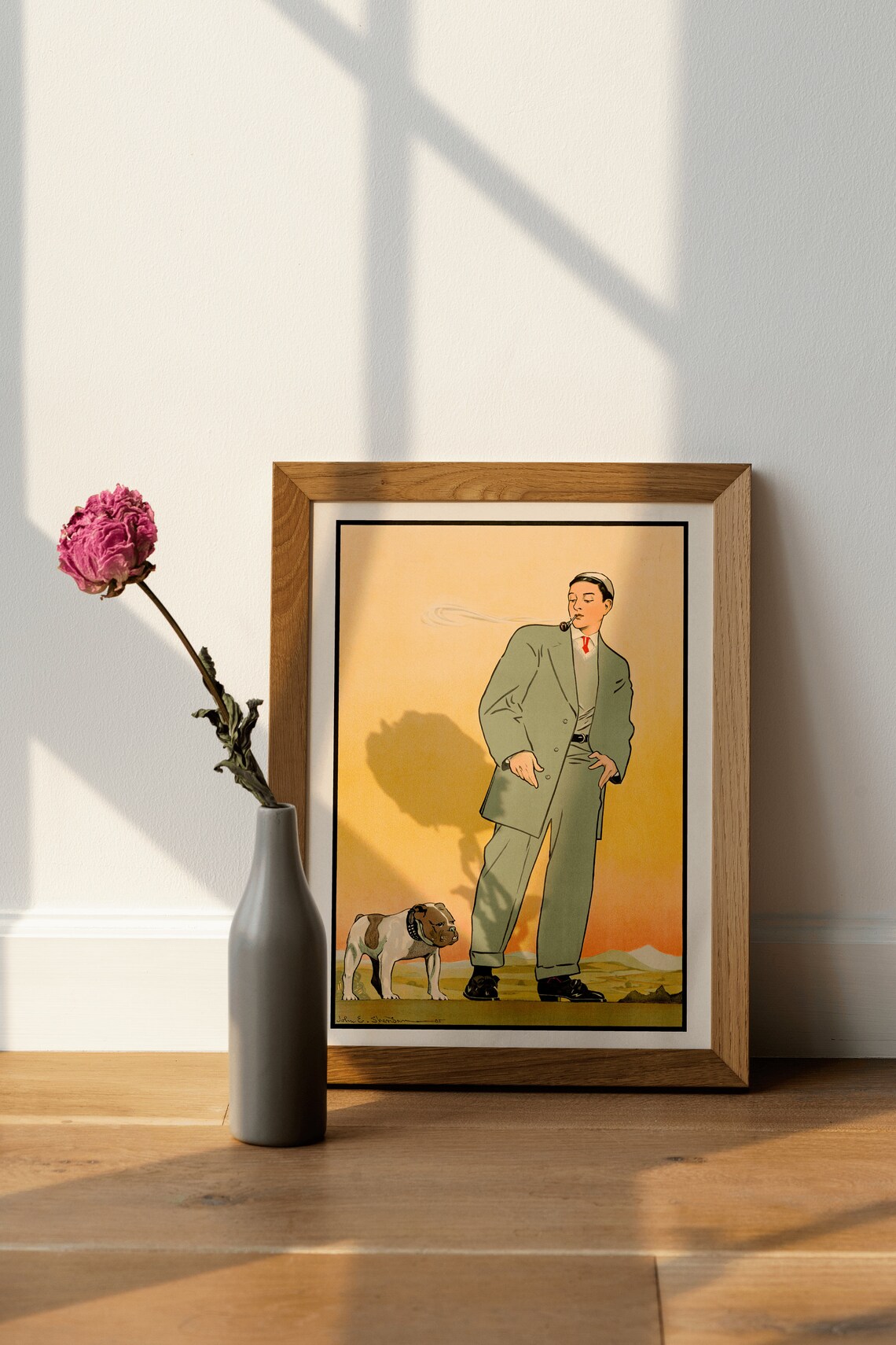 Vintage Gentleman with Pipe and Bulldog at Sunset Illustration Poster - Image 4