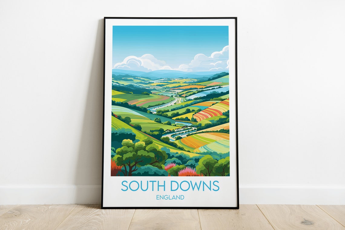 South Downs England Rolling Farmland Landscape Travel Poster Art
