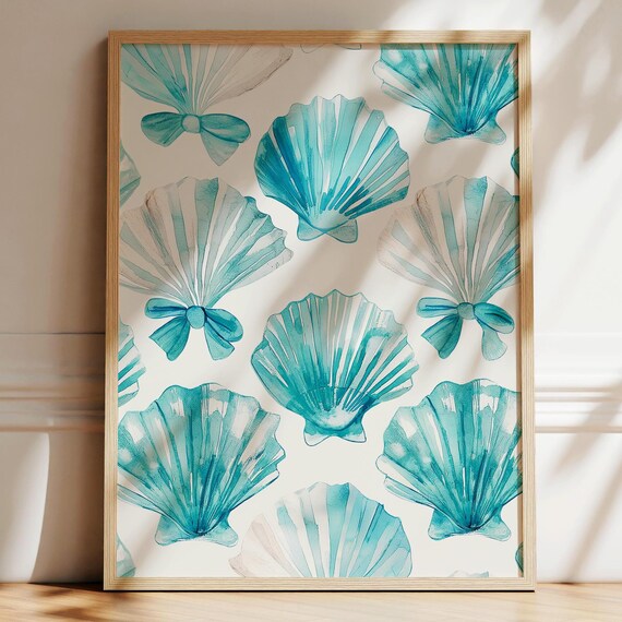 Turquoise Scallop Shell Bow Coastal Watercolor Seashell Art Print