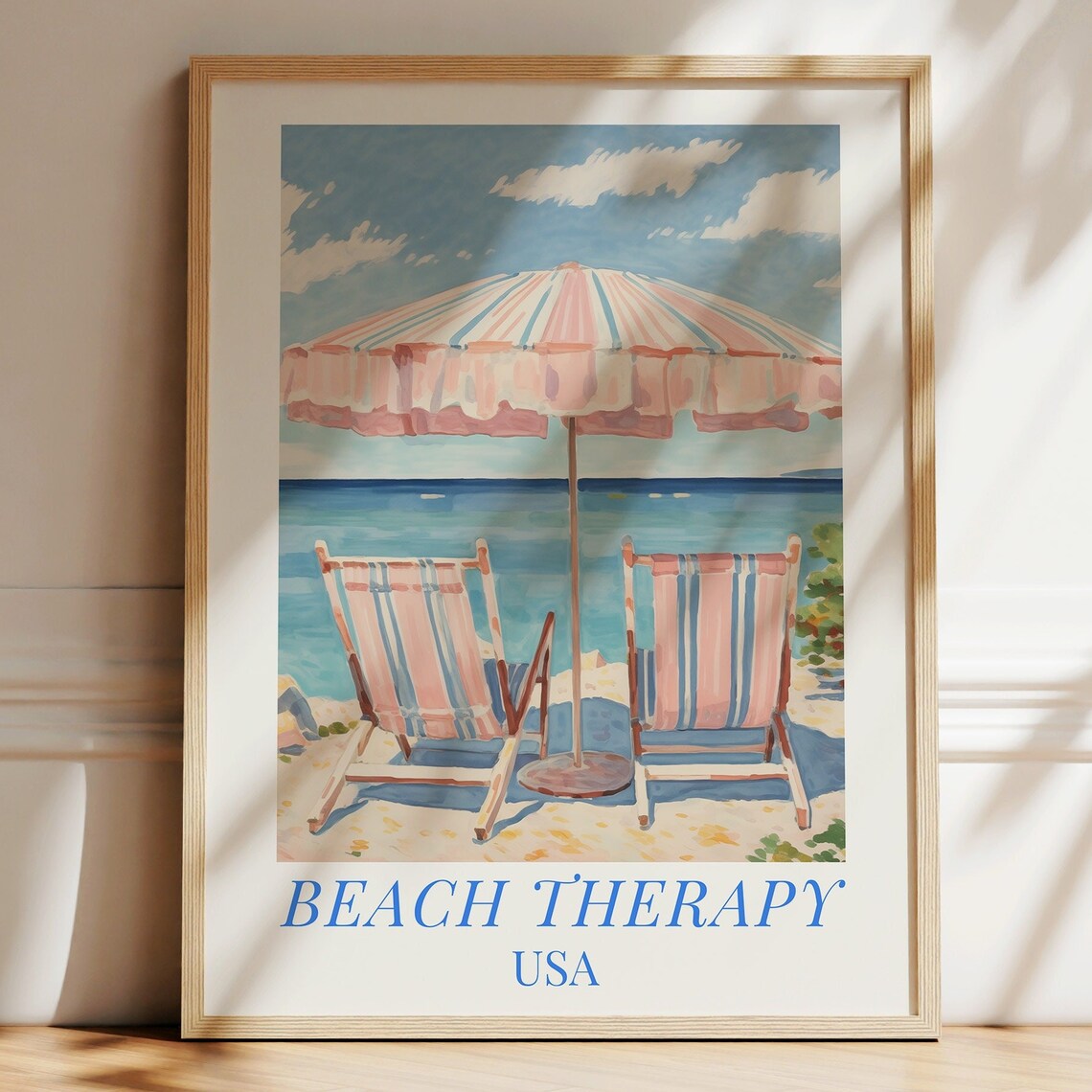 Beach Therapy USA Striped Umbrella Chairs Watercolor Artwork Poster