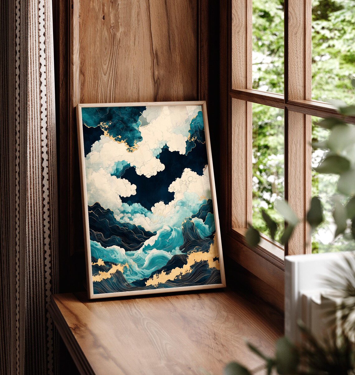 Japanese Style Abstract Ocean Waves with Gold Accents Wall Poster - Image 5