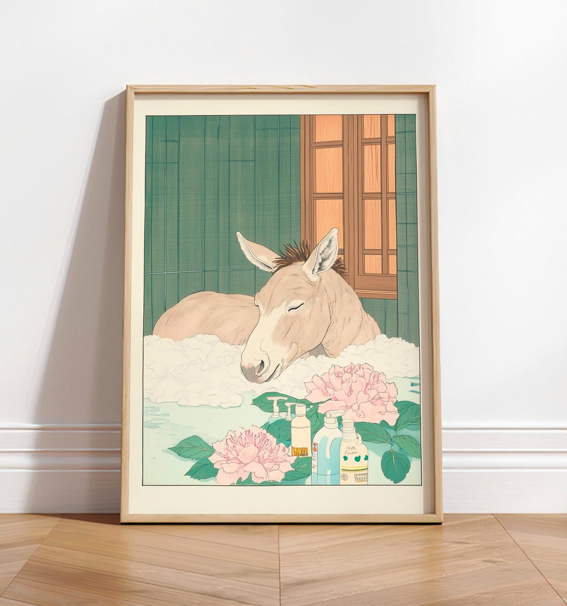 Donkey Relaxing in Bubble Bath Japanese Ukiyoe Style Animal Wall Art