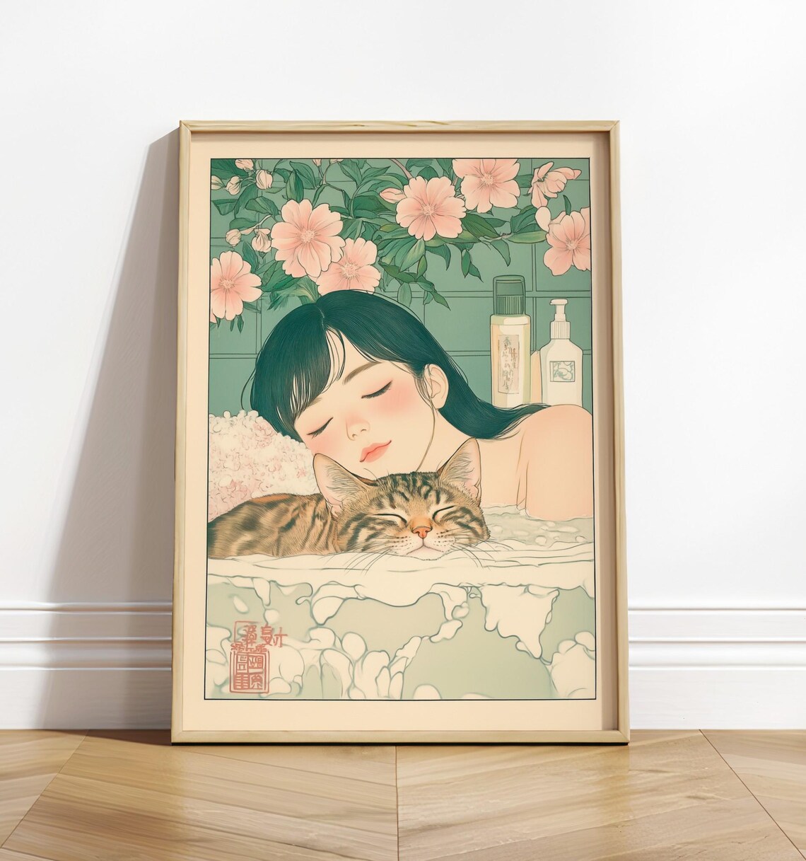 Ukiyo-e Woman and Tabby Cat Bathroom Art Print