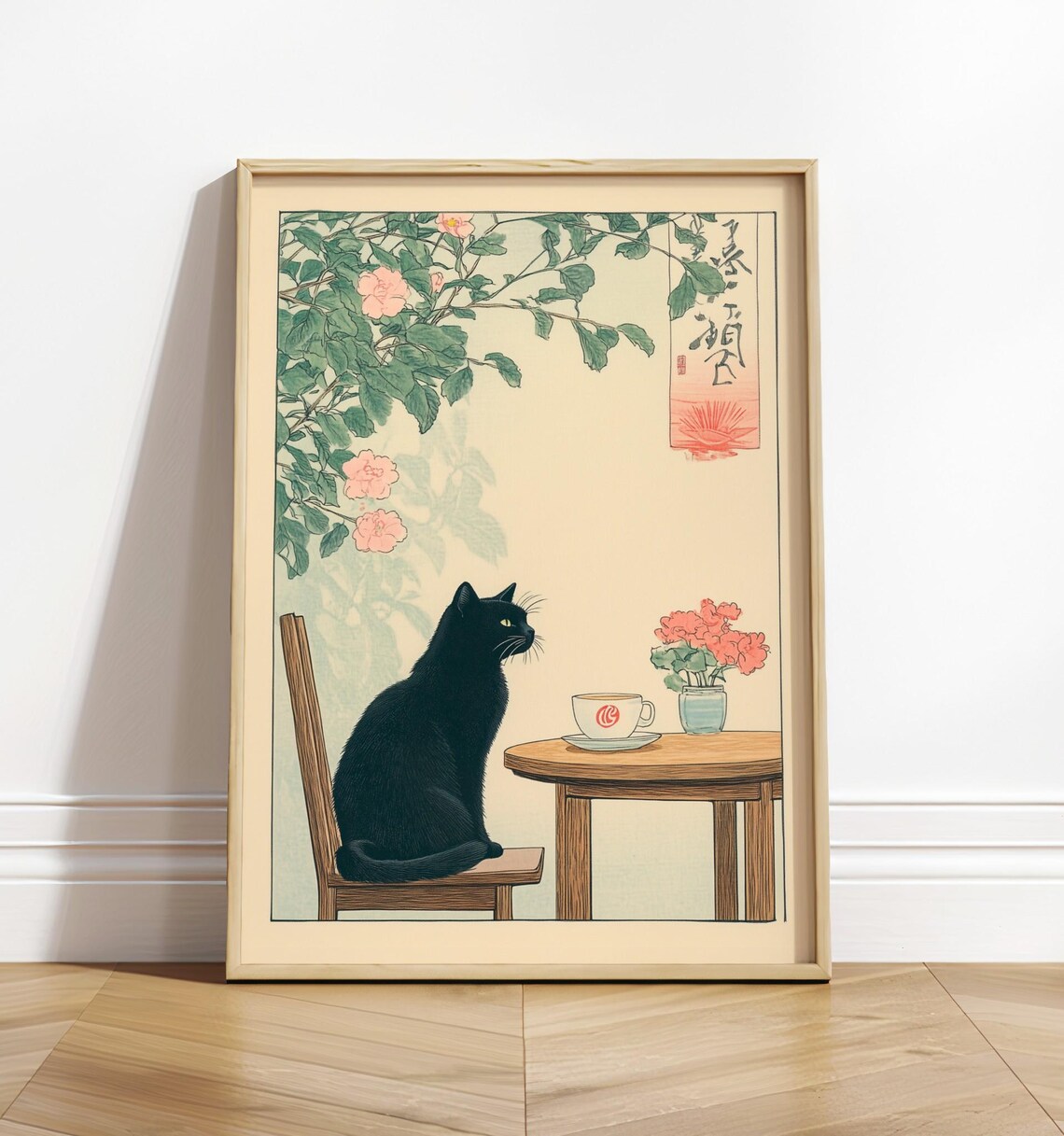 Black Cat and Coffee Ukiyo-e Japandi Art Print