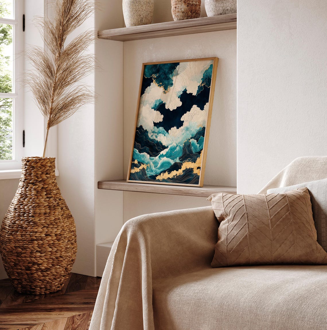 Japanese Style Abstract Ocean Waves with Gold Accents Wall Poster - Image 6