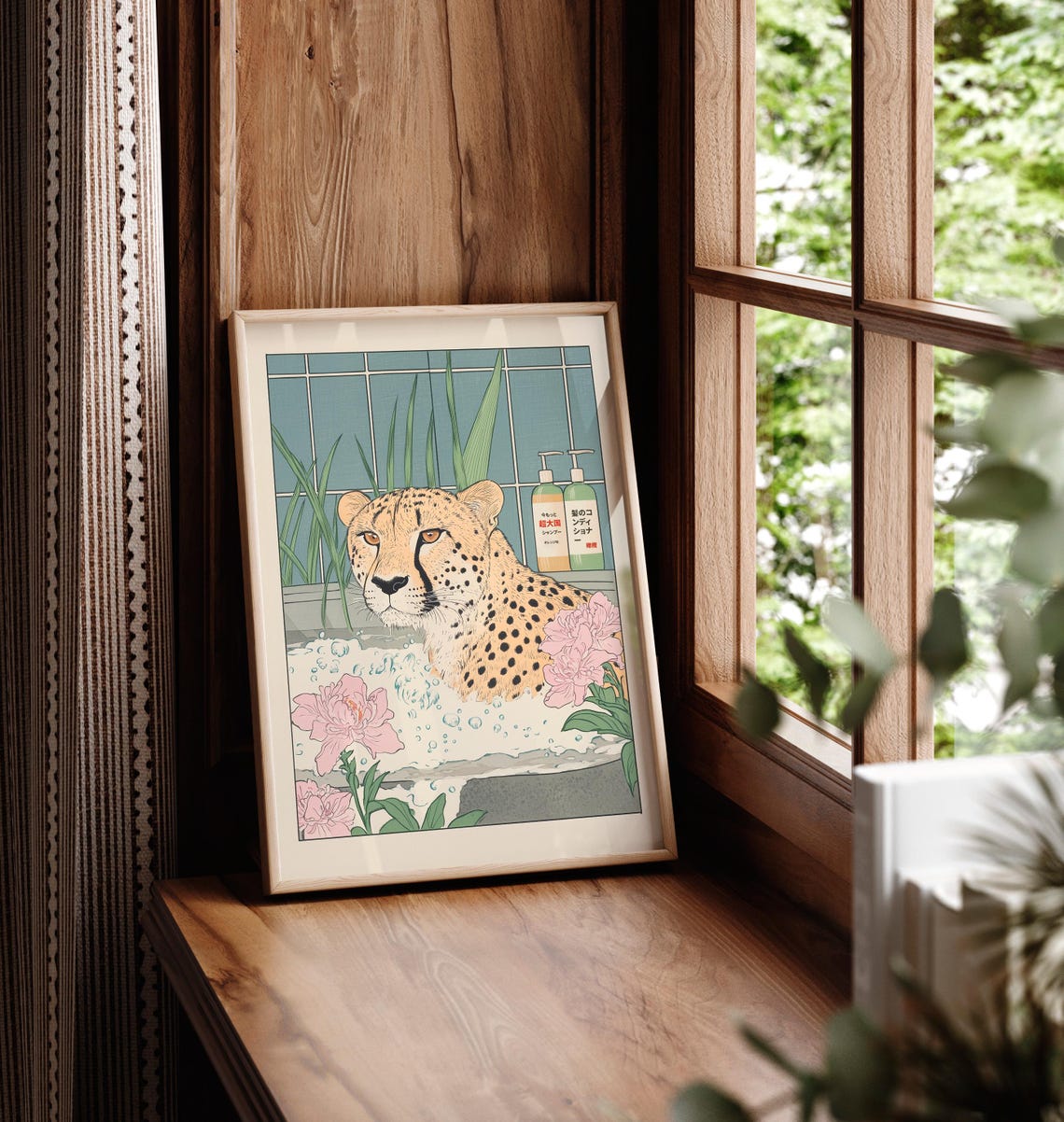 Japanese Style Cheetah Bathing in Bubble Bath with Peonies Art Poster - Image 5